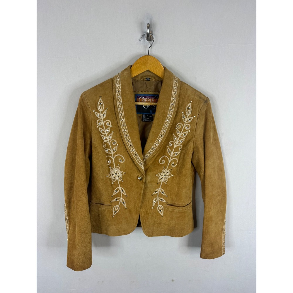 Cripple Creek Tan Leather Western Blazer Rhinestone Floral Embroidery Small
